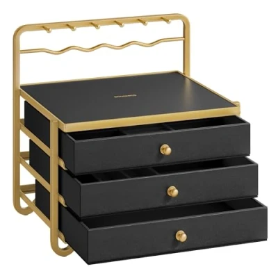 Image of SONGMICS 3 Tier Jewellery Box, Drawer Organiser, with Open Storage, Hanging Rack, for Vanity Table, Metal Frame, 20.5 x 22.7 23.5 cm, Gift Idea, Ink Black JBC168B01