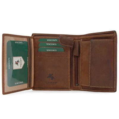 Image of VISCONTI Men&#039;s Medium Leather Wallet RFID Protected 6 Credit Card Slots, Note Section &amp; Coin Pocket Gift Boxed 709 Rifle Oil Tan