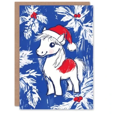 Image of Artery8 Cute Shetland Pony Santa Hat Holly Blank For Him Or Her Art Xmas Festive Christmas Card
