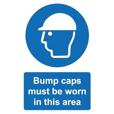 Image of Bump caps must be worn in this area safety sign Self adhesive sticker (300mm x 200mm)