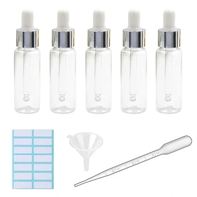 Image of 5Pcs Transparent Dropper Bottle 20ML Plastic Eye Bottles for Essential Oil Pipette Refillable with Measured Pipette, Funnel and Labels (White + Silver Cap)