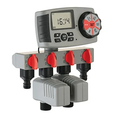 Image of Aqualin Garden 4 Zone Watering Computer Automatic Irrigation System Controller Water Tap Hose Timer with 2 Solenoid Valve, Grey