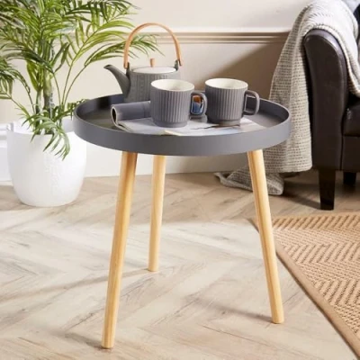 Image of Home Source Round Coffee Accent Side Lamp Drinks Table, Lipped Edge, Solid Pine Legs, Grey