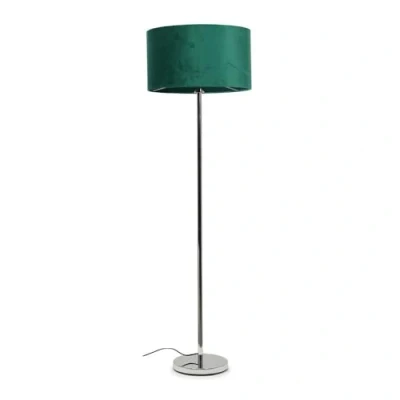 Image of Modern Standard Floor Lamp in a Silver Chrome Metal Finish with Forest Green Velvet Drum Shade LED Bulb Included