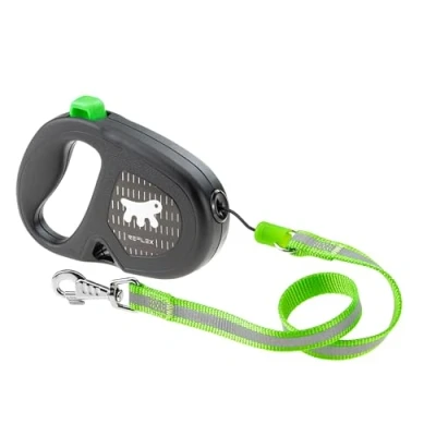 Image of Ferplast FLIPPY ONE REFLEX Reflective Extendable Dog Lead Evening Walks Bag Holder Lock &amp; Release Button Ergonomic Design Cord Max 20 Kg 5m, Green