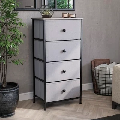 Image of Vida Designs Chorley Chest of Drawers with Sturdy Metal Frame, Wood Top, and Fabric Drawers, Easy to Assemble Versatile Storage Unit for Bedroom, Living Room, or Nursery (Beige &amp; Grey Wood, 4 Drawer)