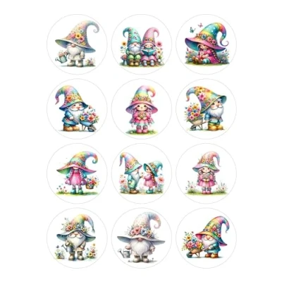 Image of 12 Flower Gnomes Selection Mini Card Making Toppers Self Adhesive Circles Glossy Finish Small 64mm (2.5 inches) Diameter Pack of Crafts Labels