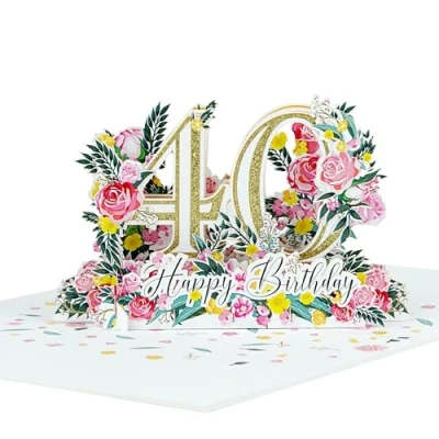Image of Three Dee Cards Happy 40th Birthday Pop up Greeting Card, 3D For Wife Husband Partner Boyfriend Girlfriend Mum Dad Son Daughter Sister Brother Friend Her Him Fortieth