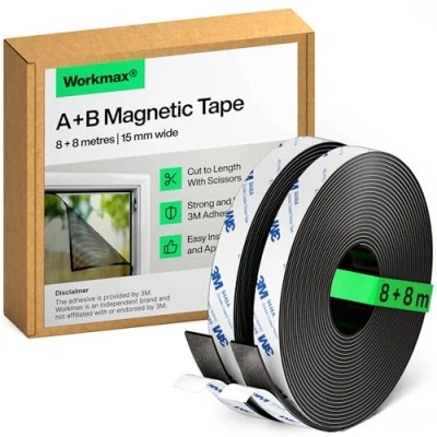 Image of WORKMAX® A+B Magnetic Tape for Fly Screens and Mosquito Nets (8+8 m) Cut to Fit Strip Strips Self Adhesive Roll with Backing