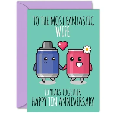 Image of Cute Tin Anniversary Card for Wife 10 Years Together Happy 10th Wedding Cards from Husband, A5 Greeting Tenth Anniversaries