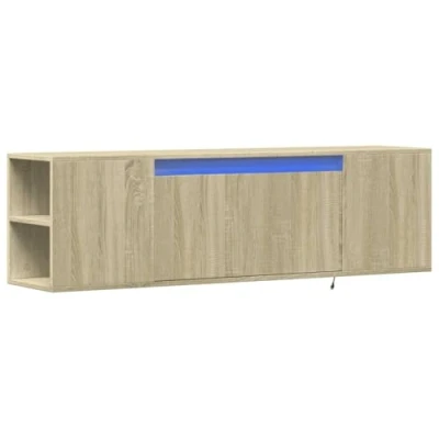 Image of vidaXL TV Wall Cabinet with RGB LED Lights Floating Unit Engineered Wood Sonoma Oak Ample Storage Mounted 180 x 31 39.5 cm For Living Room, Bedroom