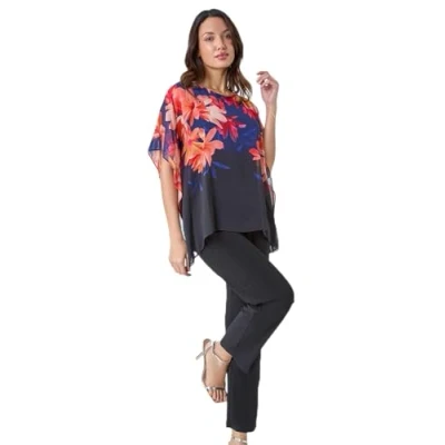Image of Roman Womens Floral Print Chiffon Overlay Jumpsuit Navy Size 12 UK