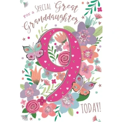 Image of ICG Special Great Granddaughter 9th Birthday Card Age 9 Butterflies and Flowers Number Nine Embossed with a Foil Finish