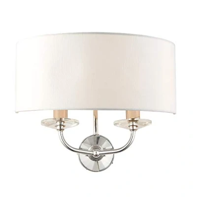 Image of Kennedy Modern Bright Nickel Twin Wall Light Fitting with Crystal Detail and White Fabric Shade