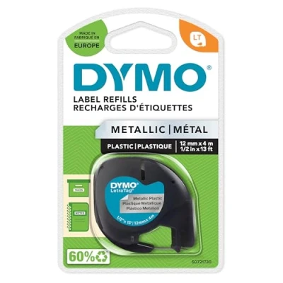 Image of DYMO LetraTag Metallic Labels Authentic Black Print on Silver 12mm x 4m Self Adhesive Multipurpose for Label Makers