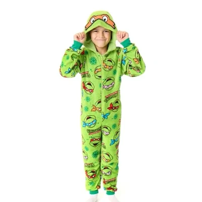 Image of Teenage Mutant Ninja Turtles Boys Onesie Kids Character Graphic Print Hooded Sleepsuit with Interchangeable Masks Childrens TMNT Pajama Nightwear Animated Warrior Movie Merchandise Gift Green