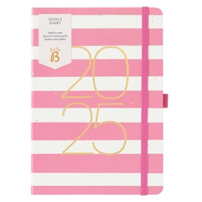 Image of Busy B 2025 Diary Weekly Goals Planner A5 Pink Stripe with Elastic Band Week to View Daily Life Organiser Monthly Overview, Inspirational Quotes &amp; Stickers Compact for Productivity