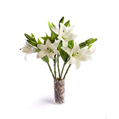 Image of Best Artificial 35cm Single Natural Real Touch Tiger Lily Outdoor Wedding Flowers (5 pcs) Arrangement Grave Decor Home (Ivory)