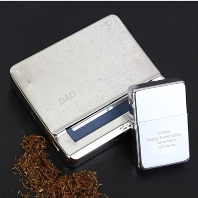Image of Custom Personalised Tobacco Rolling Tin and Silver Lighter Set. Ideal for Fathers Day, Christmas Birthdays.