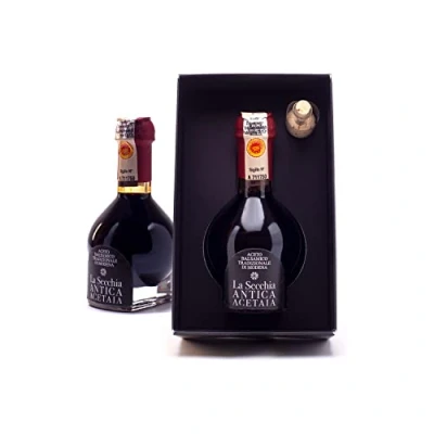 Image of La Secchia &quot;Affinato&quot;, Traditional Aged Balsamic Vinegar of Modena DOP, Minimum 12 Years Old, 100 ml Bottle Italian Balsamico with Gift Box and Blown Glass Dispenser