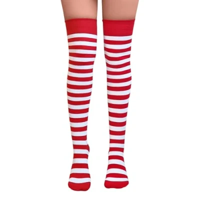 Image of NuJake Striped Over The Knee Socks Fancy Dress Cosplay Teens Christmas Candy Cane UK Size 4 5.5 (Cotton Blend, Red &amp; White)