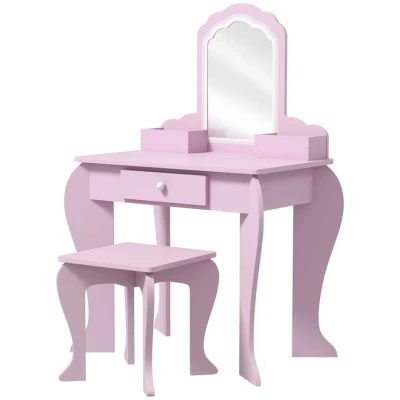 Image of ZONEKIZ Kids Dressing Table, Vanity Girls Table with Mirror, Stool, Drawer, Storage Boxes, Cloud Design, for Ages 3 6 Years Pink