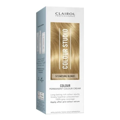 Image of Clairol Colour Studio Permanent Cream Hair Dye Long lasting Rich Tones 100% Grey Coverage Dermatologically Tested Vegan Formula Colouring Kit Natural Blonde 9/0 I 50ml