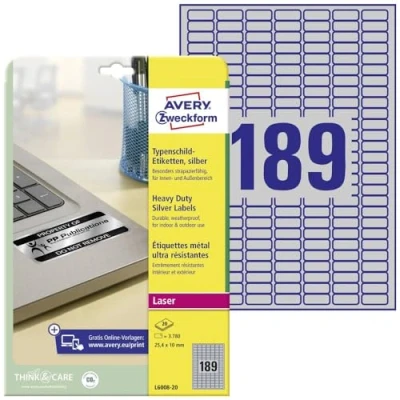Image of Avery L6008 20 Extra Strong Adhesive Heavy Duty Labels, 189 Labels Per A4 Sheet Silver, 25.4 x 10 millimetres