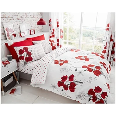 Image of GC GAVENO CAVAILIA Reversible Polka Dot Duvet Cover Sets King Size, Easy Care Floral Luxury Bedding Quilt Sets, Red
