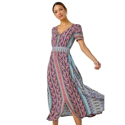 Image of Roman Originals Shirred Waist Dress for Women UK Ladies Midi Maxi Summer Spring Tiered Frill Hem Short Sleeve V Neck Button Through Boho Bohemian Gypsy Holiday Purple Pink Size 20