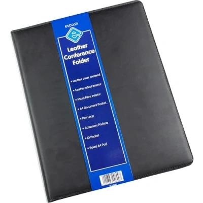 Image of Esposti Executive A4 Conference Folder Black Leather Cover Ruled Pad Pocket Penholder Transparent ID 2 Utility Pockets