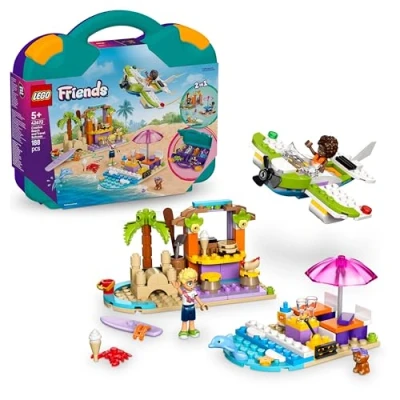 Image of LEGO Friends 2in1 Creative Beach and Travel Suitcase Set for Kids, with a Plane Toy, 2 Mini Dolls, Dog &amp; Dolphin Figures, Birthday Gift 5 Plus Year Old Girls, Comes in Handy Sorting Box 42672