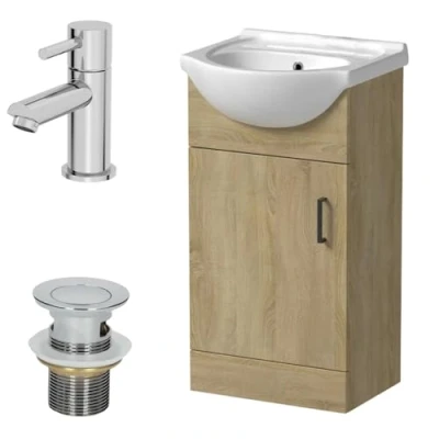 Image of Affine® 450mm Bathroom Vanity Unit Ceramic Sink Floorstanding Storage Cabinet Cupboard &amp; Malmo Basin Tap Waste Set, Oak Effect