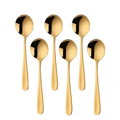 Image of BISDARUN Round Soup Spoons Set of 6 Gold Dinner 18/10 Stainless Steel Table 17.5 cm Length, 4.5 Width