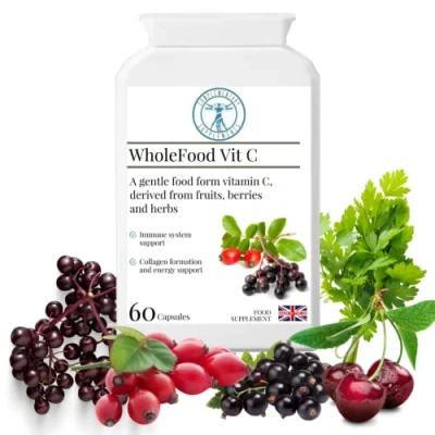 Image of Complementary Supplements WholeFood VIT C 100% Natural NO Ascorbic Acid HIGH Bioavailability Acerola Cherry, Rosehip, Blackcurrant, Parsley Leaf, Elderberry 60 Capsules