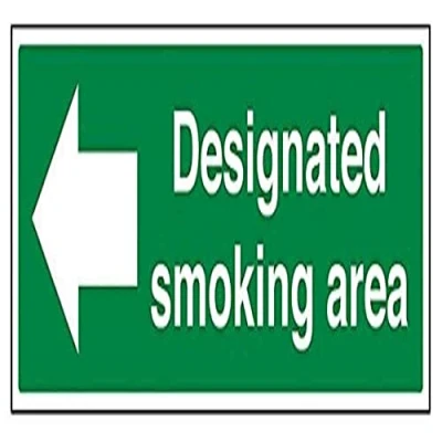 Image of V Safety Designated Smoking Area/Arrow Left Prohibition Sign 450mm x 150mm Self Adhesive Vinyl