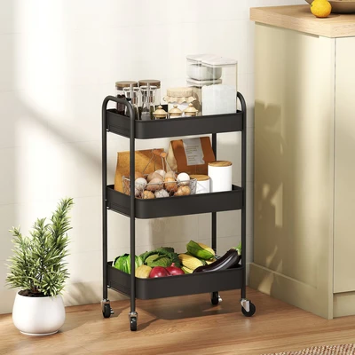 Image of HOMCOM 3 tier Storage Trolley on Wheels, Metal Cart, Rolling Ultility Cart with Mesh Baskets for Living Room, Kitchen, Black