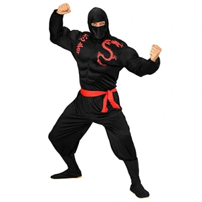 Image of Widmann 00523 Adult Costume Muscle Muscular ninja, Ski Hat, Trousers and Belt ? Black