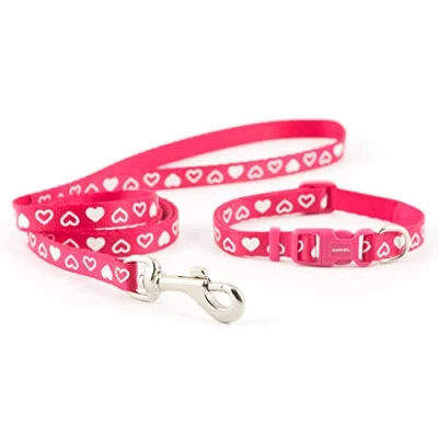 Image of Ancol Small Bite Heart Collar Lead Set Raspberry adjusts 20 30cm