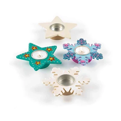 Image of Baker Ross EX7082 Star &amp; Snowflake Wooden Tealight Holders Pack of 4, Decorations, Ideal for Christmas Decorations Kids Crafts