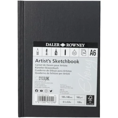 Image of Daler Rowney Ebony 160gsm A6 Lightly Textured Portrait Hardback Sketchbook, Perfect Bound, 54 White Sheets, Ideal for Professional Artists &amp; Students