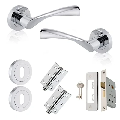 Image of XFORT Polished Chrome Warped Lever On Rose Lock Pack, with Ball Bearing Hinges, Escutheons &amp; A Sashlock, Ideal for Internal Wooden Doors Home and Office.