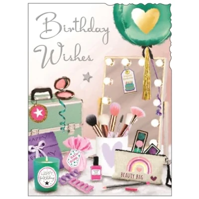Image of Female Birthday Card for Her General Girls Make Up and Beauty Girly Design Special Finishes Illustrated Insert Leaf Made in the UK