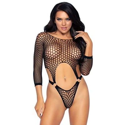 Image of Leg Avenue Women&#039;s 89289 00122 Long Sleeve Pothole Suspender Top Bodysuit with Thong Back and O Ring Detail, O/S, Black Adult Sized Costumes, One