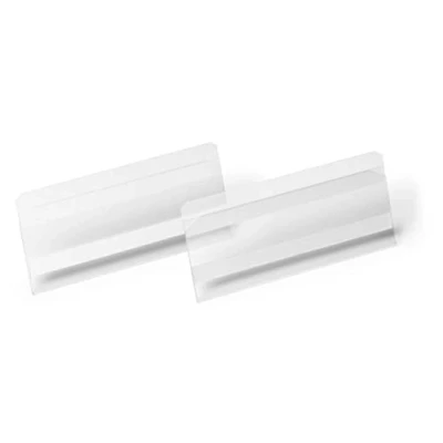 Image of Durable Hard Cover Ticket Holder Self Adhesive Label 150 x 67mm Pack of 10 Transparent Perfect for Labelling Shelves and Racking