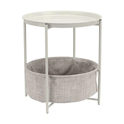 Image of Amazon Basics Round Storage Bedside End Table with Removable Fabric Basket, White/Heather Grey Fabric, 44.96 x 48 cm