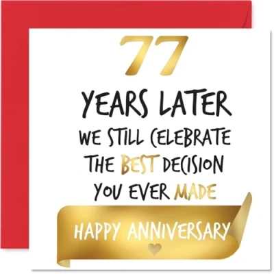 Image of Gold 77th Anniversary Card for Women Men Celebrate Best Decision Happy 77 Year Partner Companion Wife Husband, 145mm Golden Wedding Anniversaries Greeting Cards