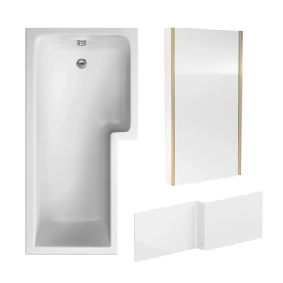 Image of Balterley 1700 x 850mm L Shape Shower Bath with Leg Set, Brushed Brass Fixed Return Screen &amp; Panel, Right Hand Single Ended Gloss White Soaking Baths, Acrylic Baths (White)