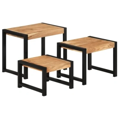 Image of vidaXL Solid Acacia and Rubberwood Nesting Tables with Sheesham Finish Set of 3, Stackable, Space Saving Design, Perfect for Living Room, Dining Office or Bedroom