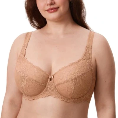 Image of Delimira Women&#039;s Plus Size Bra Full Coverage Minimiser Non Padded Lace Underwired Bras Barely Buff 40C